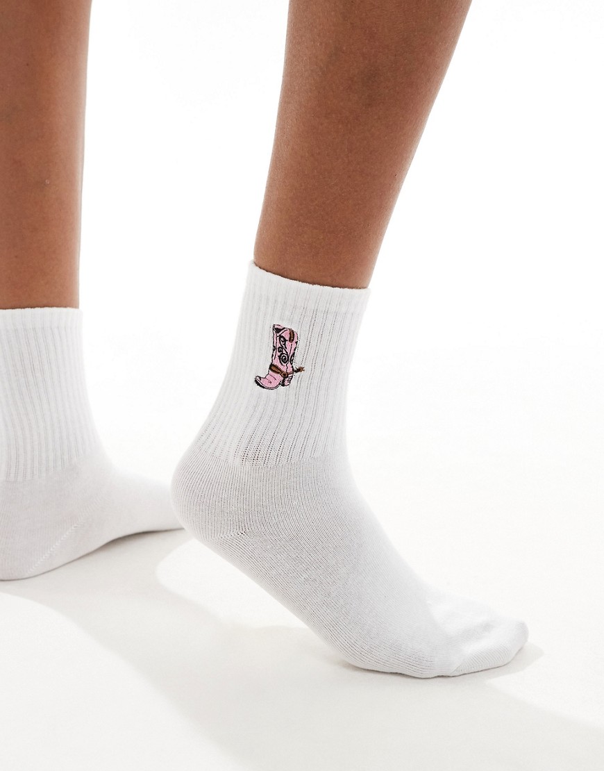 Monki ankle sock with pink cowboy boot in white