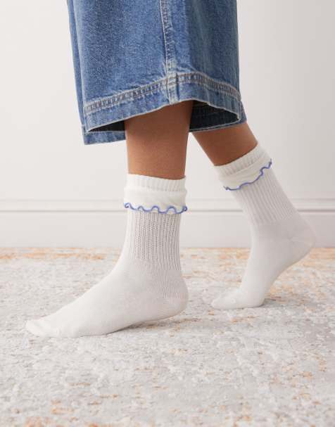 Monki ankle socks with frill in beige - view 1