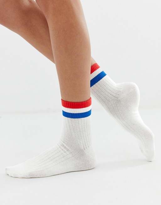 Monki ankle socks with red & blue stripe in white | ASOS