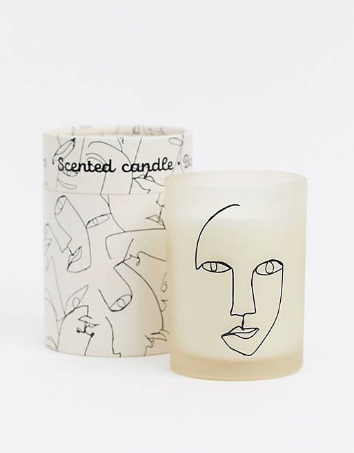 Monki Anna faced print scented candle in off white