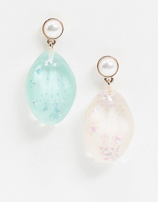 Monki Annie pearl drop earrings in pink and turquoise