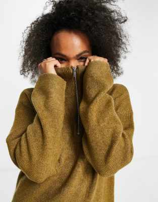Monki Arwen Oversized Lounge Knit Sweatshirt With Zip Funnel Neck In Camel-neutral