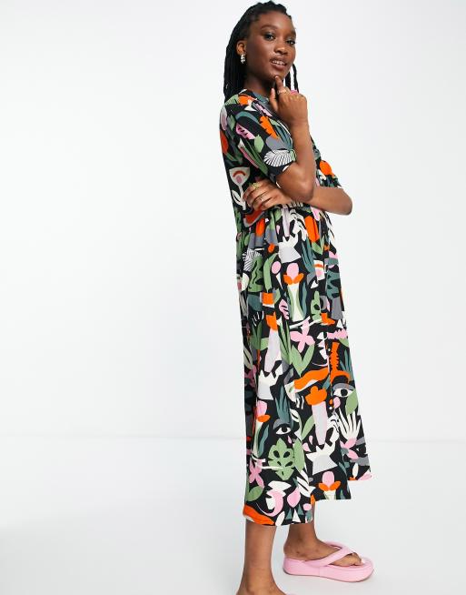 Monki Asta button front midi dress in tropic print - MULTI