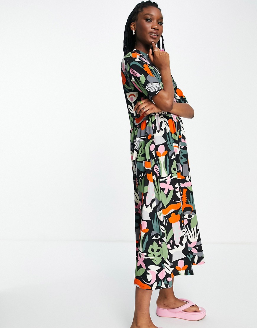 Monki - Asta - Midi jurk van gerecyclede stof met knoopsluiting en tropische print-Veelkleurig