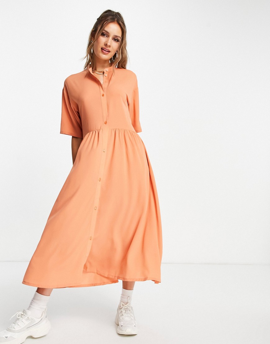 Monki Asta recycled button front midi dress in orange-Red