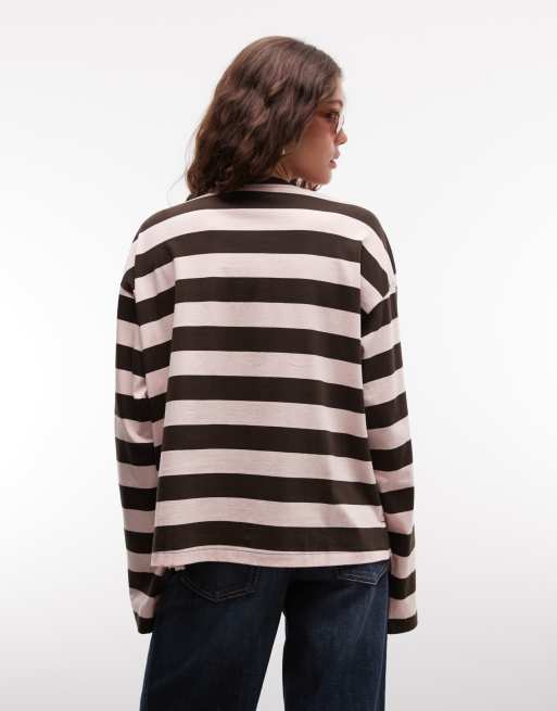 Monki Aster boxy long sleeve top in pink and brown stripe, 3 of 4