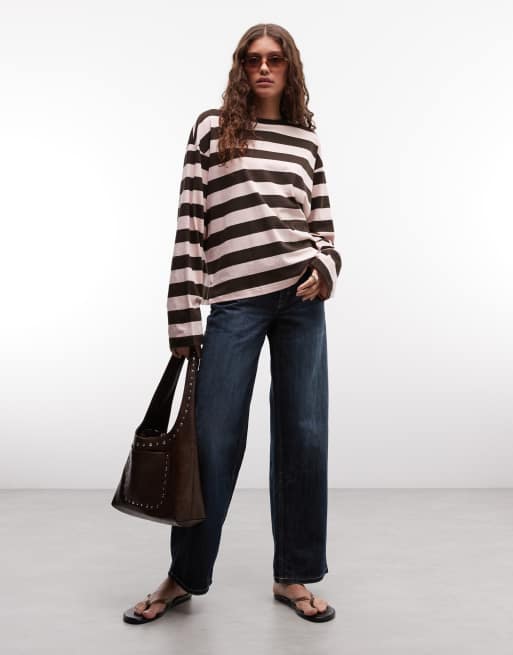 Monki Aster boxy long sleeve top in pink and brown stripe, 4 of 4