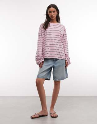 Monki Aster boxy long sleeve top in pink stripe