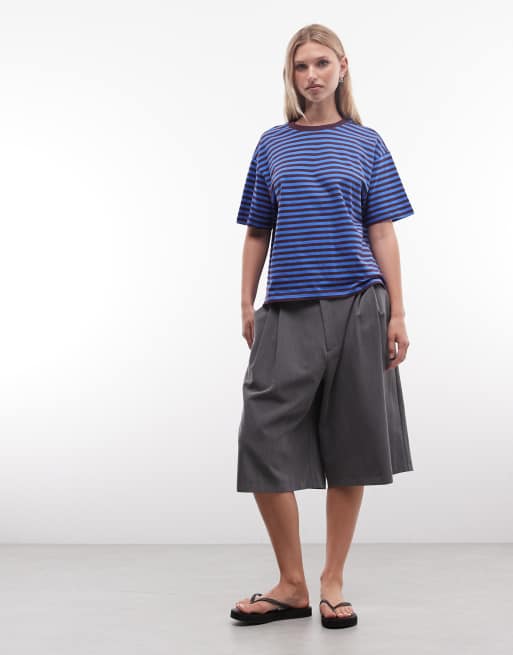 Monki – Aster – Kastiges, gestreiftes T-Shirt in Blau und Burgunderrot, 3 von 4