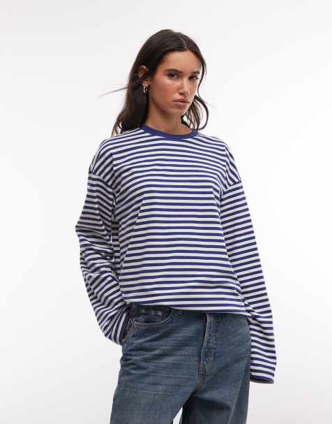 Monki – Aster – Kastiges, langärmliges Oberteil in Marineblau und Weiß gestreift - view 1