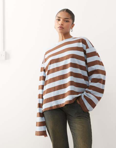 Monki long sleeve top in light blue and brown stripe