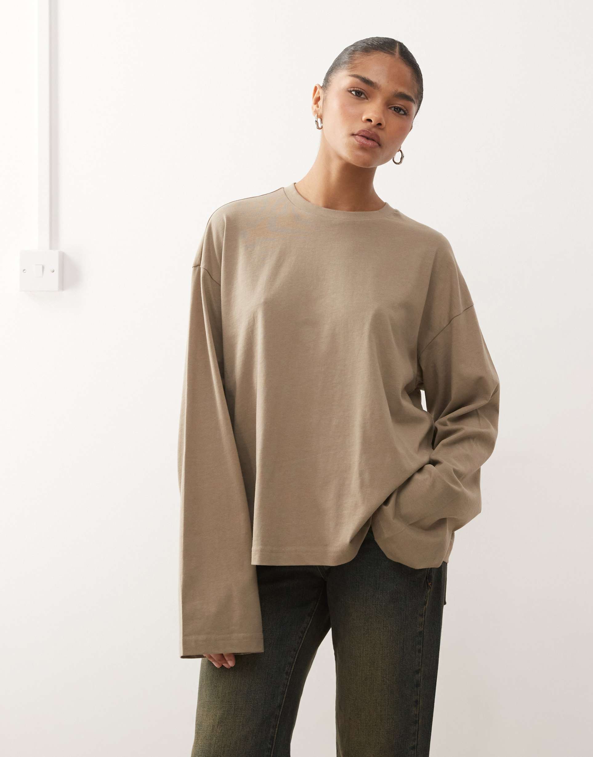monki aster long sleeve top with side slits in mocha