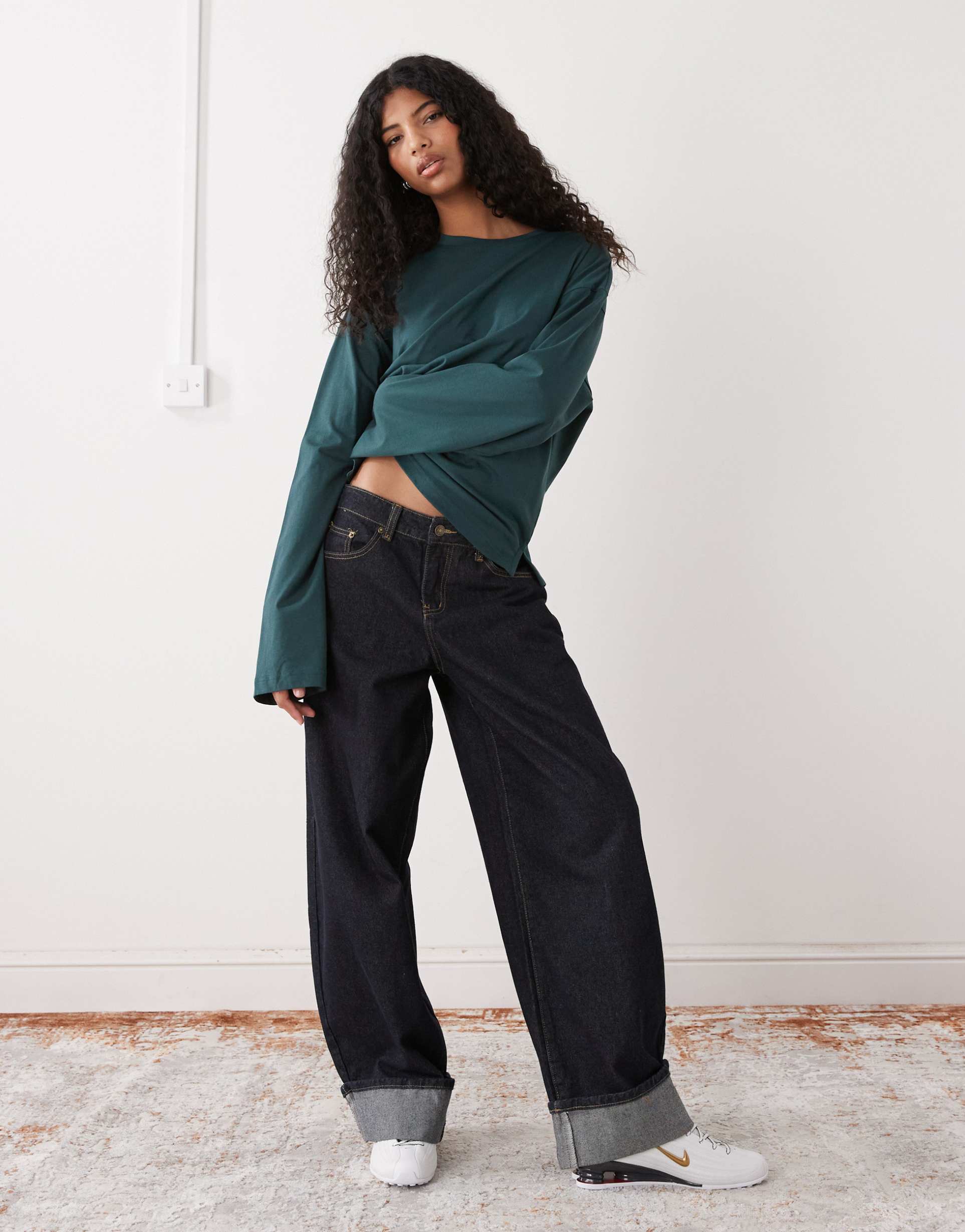 monki aster long sleeve top with side slits in petrol green