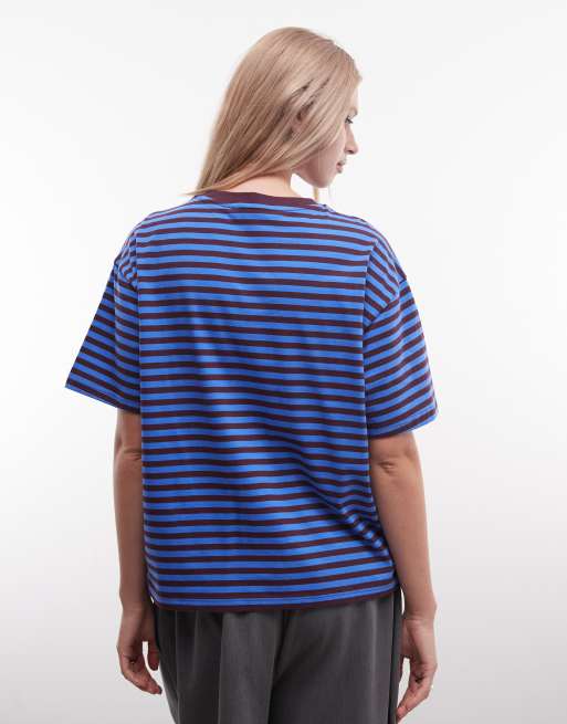 Monki – Aster – T-shirt o pudełkowym kroju w niebiesko-bordowe paski, 4 z 4
