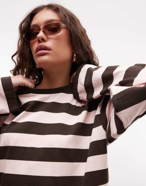 Monki - Aster - Top a maniche lunghe squadrato rosa e marrone a righe, 2 di 4