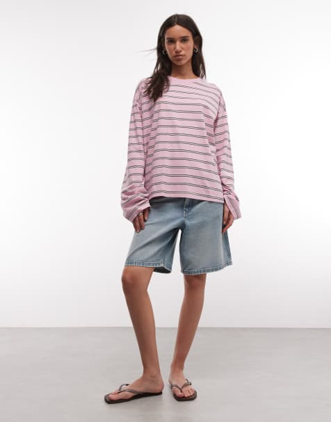 Monki - Aster - Top squadrato a maniche lunghe rosa a righe - view 1