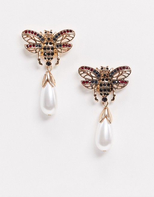Monki Astrid embellished bee earrings with faux pearl in multi