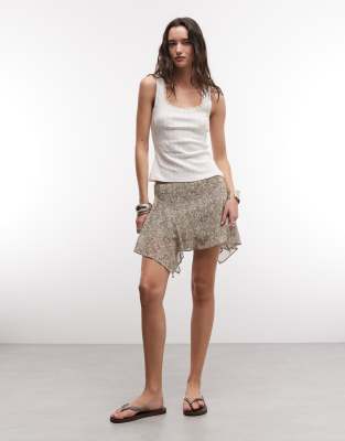 Monki asymmetric chiffon mini skirt in brown and khaki floral khaki - burgundy
