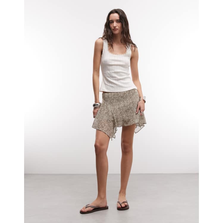 Monki asymmetric chiffon mini skirt in brown and khaki floral | ASOS