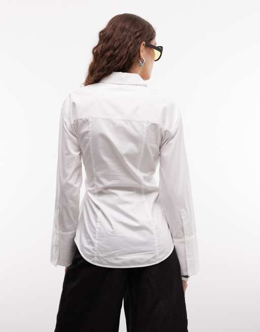 Monki asymmetric cinched gathered shirt in white, 3 of 4