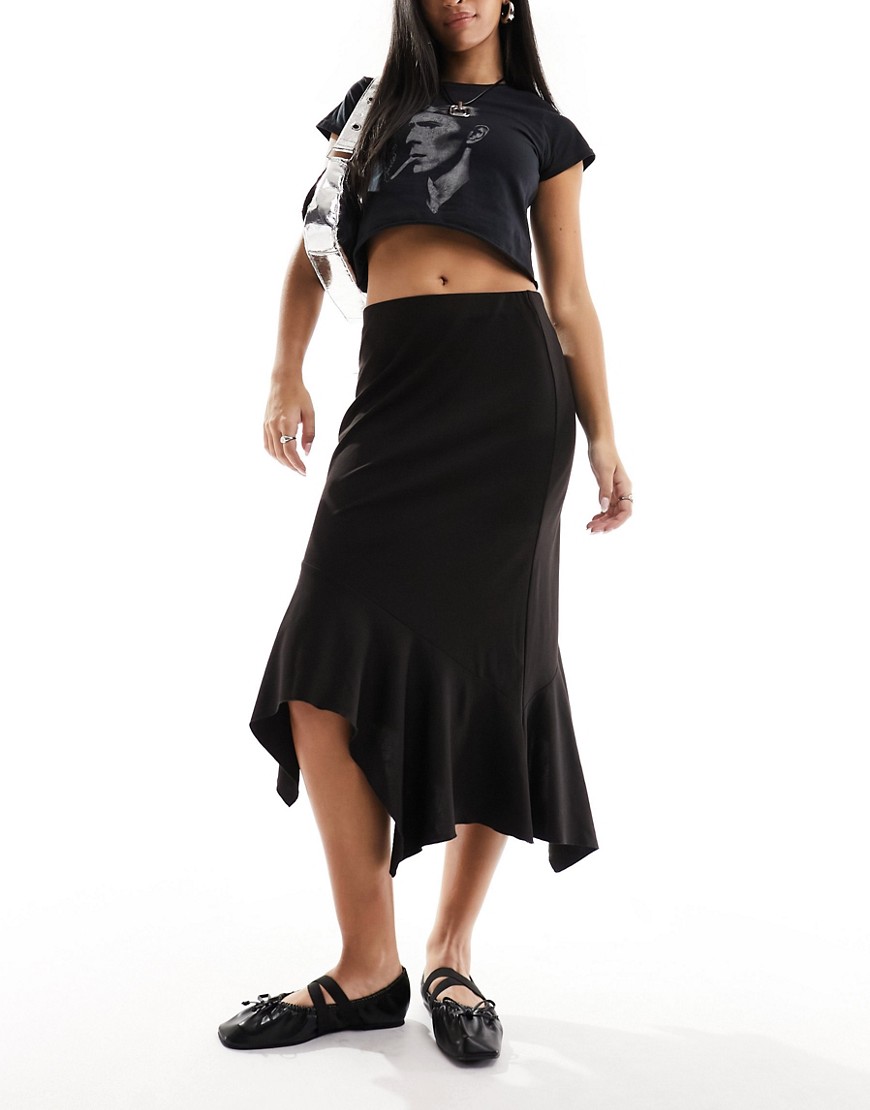 Monki asymmetric drape midi skirt in black