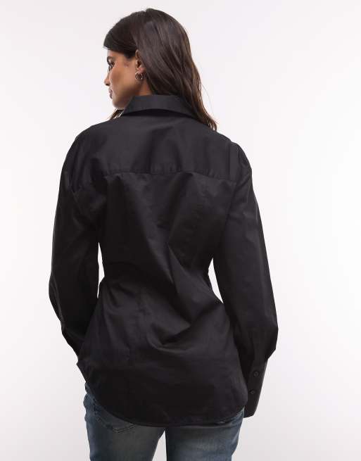 Monki asymmetric gathered shirt in black, 2 of 4