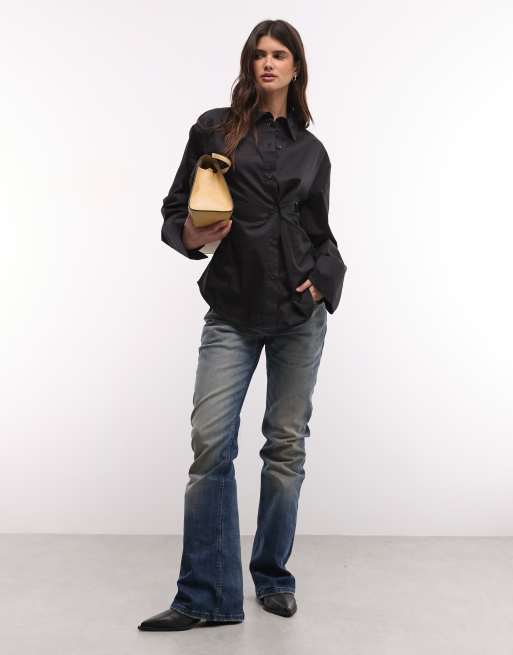 Monki asymmetric gathered shirt in black, 4 of 4
