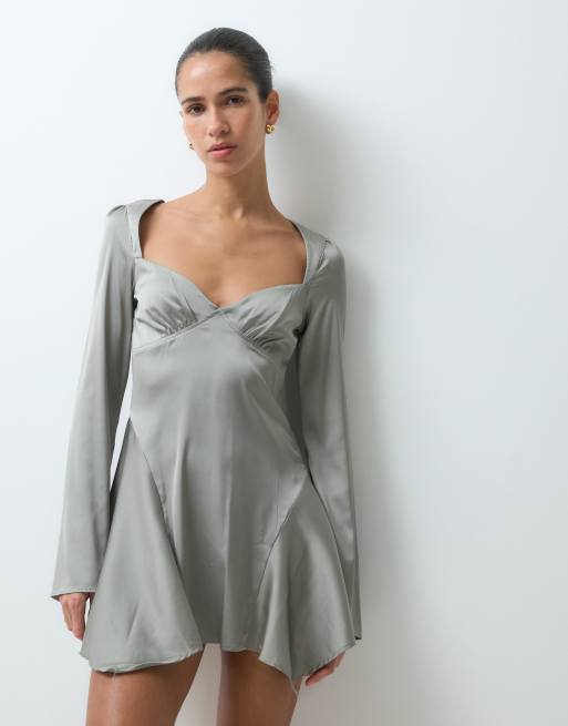 Monki asymmetric long sleeve mini dress with open back in light grey, 2 of 5