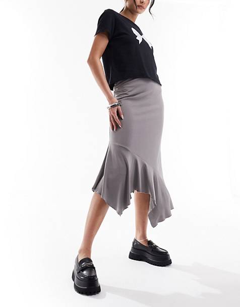 Monki asymmetric midi skirt in grey