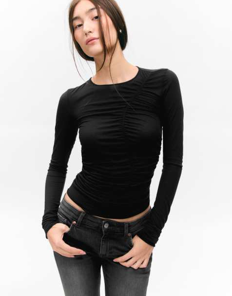Monki asymmetric ruched top in black - view 1