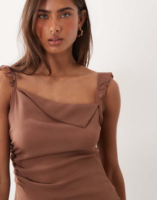 Monki asymmetric ruffle chiffon mini dress in brown, 3 of 4