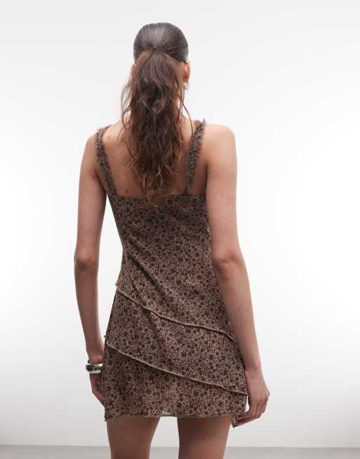 Monki asymmetric ruffle chiffon mini dress in vintage brown floral, 4 of 4