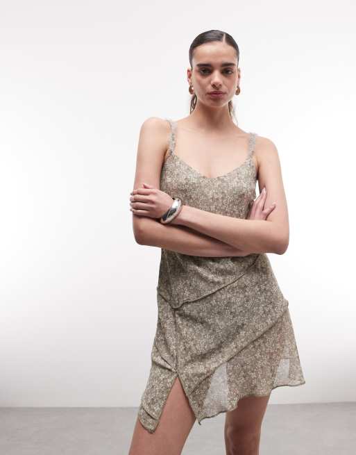 Monki asymmetric ruffle chiffon mini dress in vintage khaki floral, 2 of 4