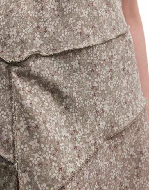 Monki asymmetric ruffle chiffon mini dress in vintage khaki floral, 3 of 4