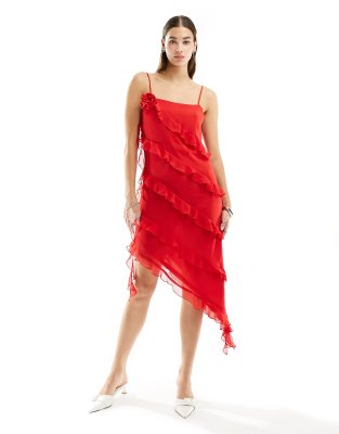 Monki - Asymmetrisches Midikleid in Rot mit Rüschendetail