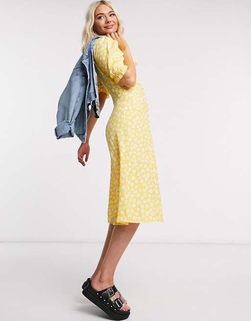 Monki Avril button ditsy floral midi dress in yellow