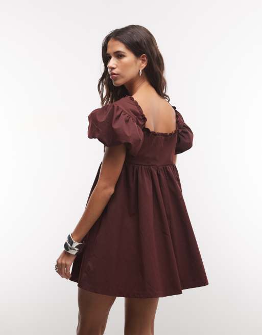 Monki babydoll mini jurk met knopen in bordeauxrood, 4 van 4