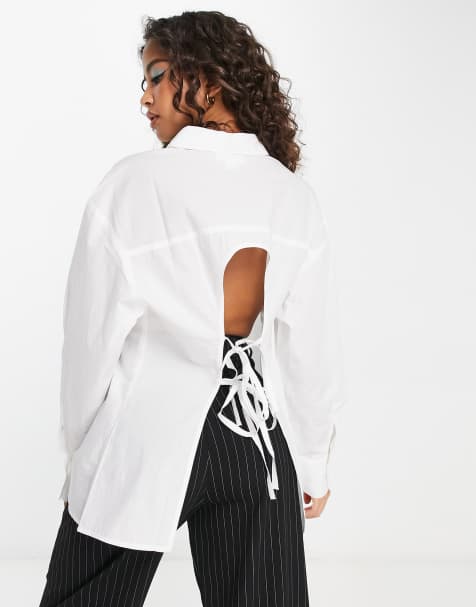 Monki backless long sleeve shirt in white - view 1