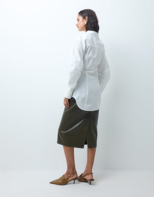 Monki balloon sleeve cinched longline shirt in white, 4 of 5
