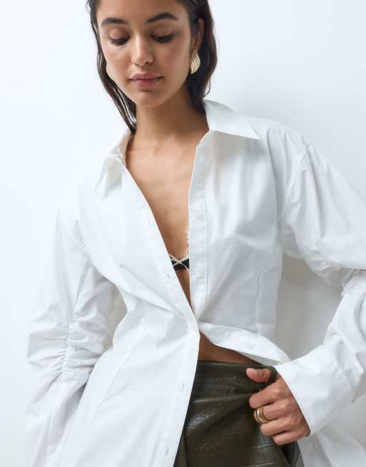 Monki balloon sleeve cinched longline shirt in white, 5 of 5