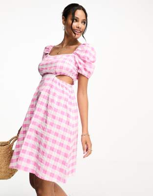 Monki Balloon Sleeve Cut Out Mini Dress In Pink Gingham