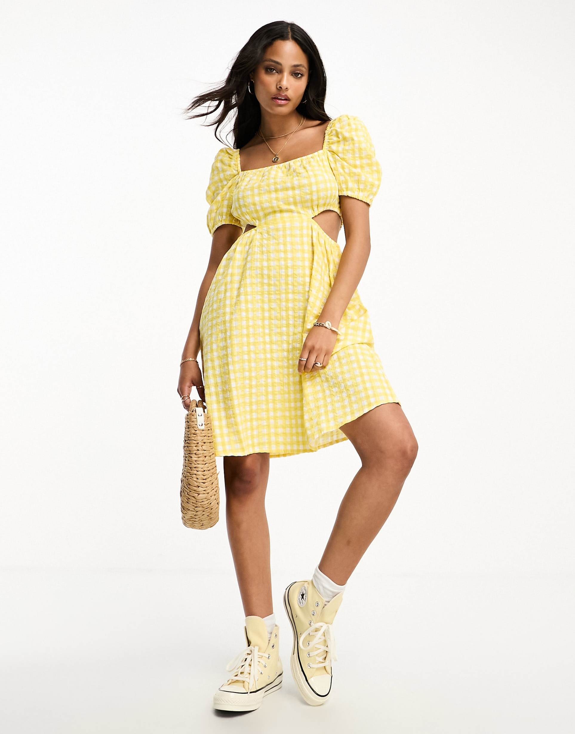 monki balloon sleeve cut out mini dress in yellow gingham