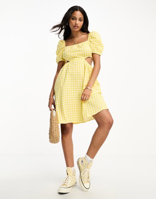 Monki balloon sleeve cut out mini dress in yellow gingham