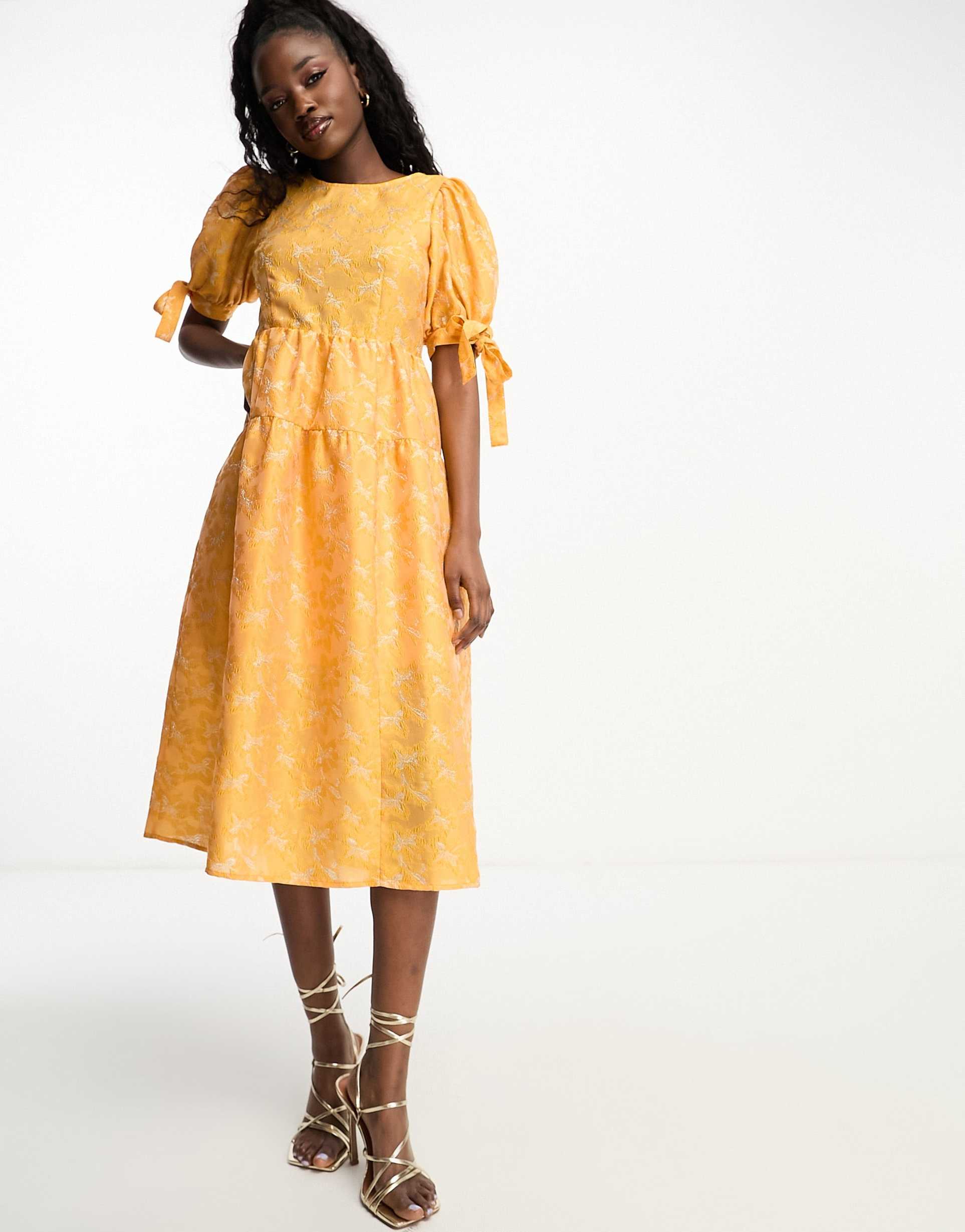monki balloon sleeve floral shimmer brocade midi dress in orange
