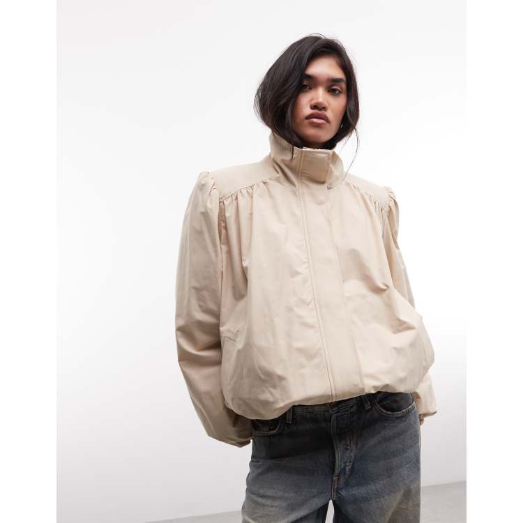 Monki balloon sleeve high neck trench coat in beige | ASOS