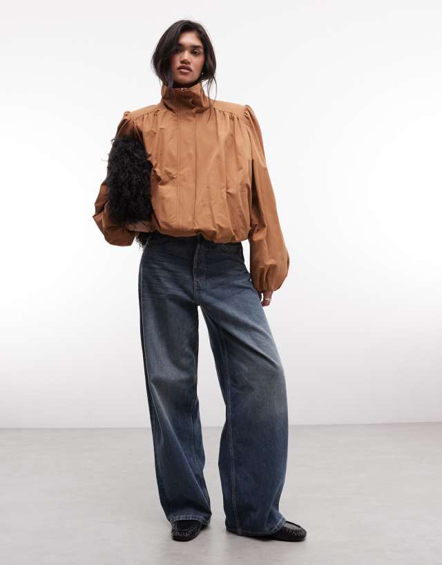 Monki balloon sleeve high neck trench coat in camel | ASOS