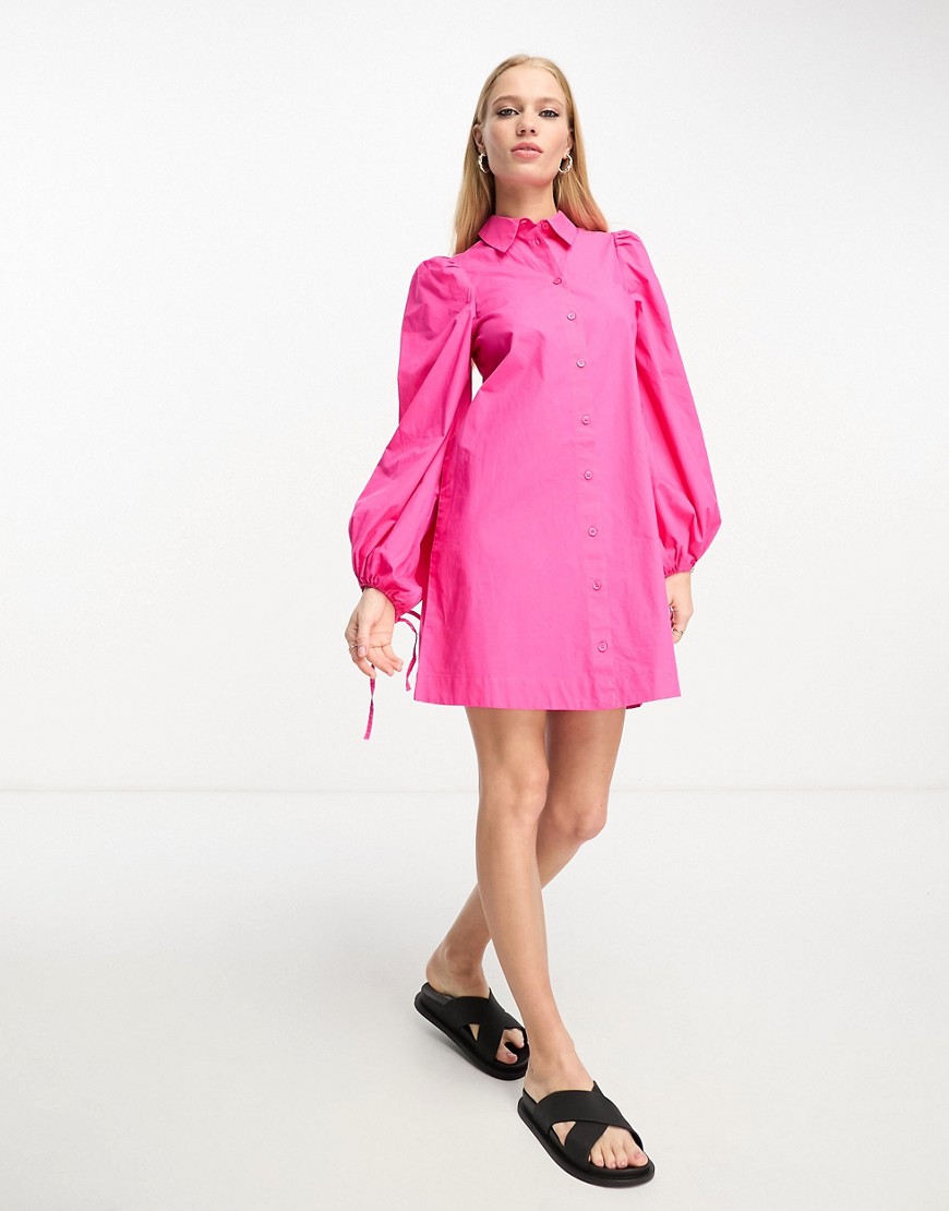 balloon sleeve mini shirt dress in pink-Blue