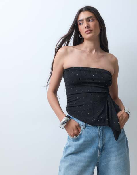 Monki bandeau top with stud and frill detail in black