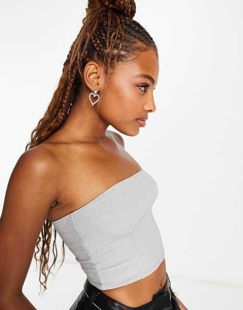 Monki bandeau tube top in silver glitter - view 1