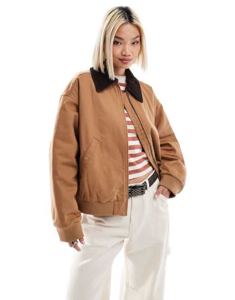 Monki barn jacket in light brown with contrast cord collar - view 1
